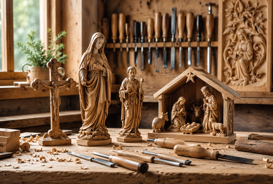 Holzgeschnitzte Krippenfiguren aus traditioneller Grödner Holzschnitzerei